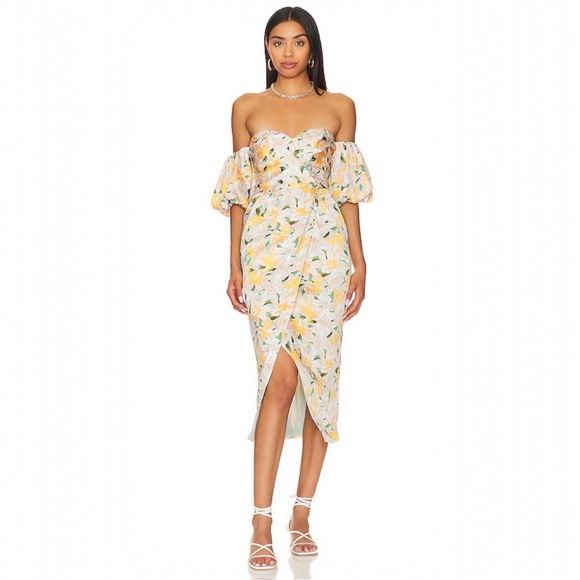 Astr Dresses & Skirts - ASTR Floral Strapless Midi Dress Puff Sleeve Sweetheart Slit Yellow Green S